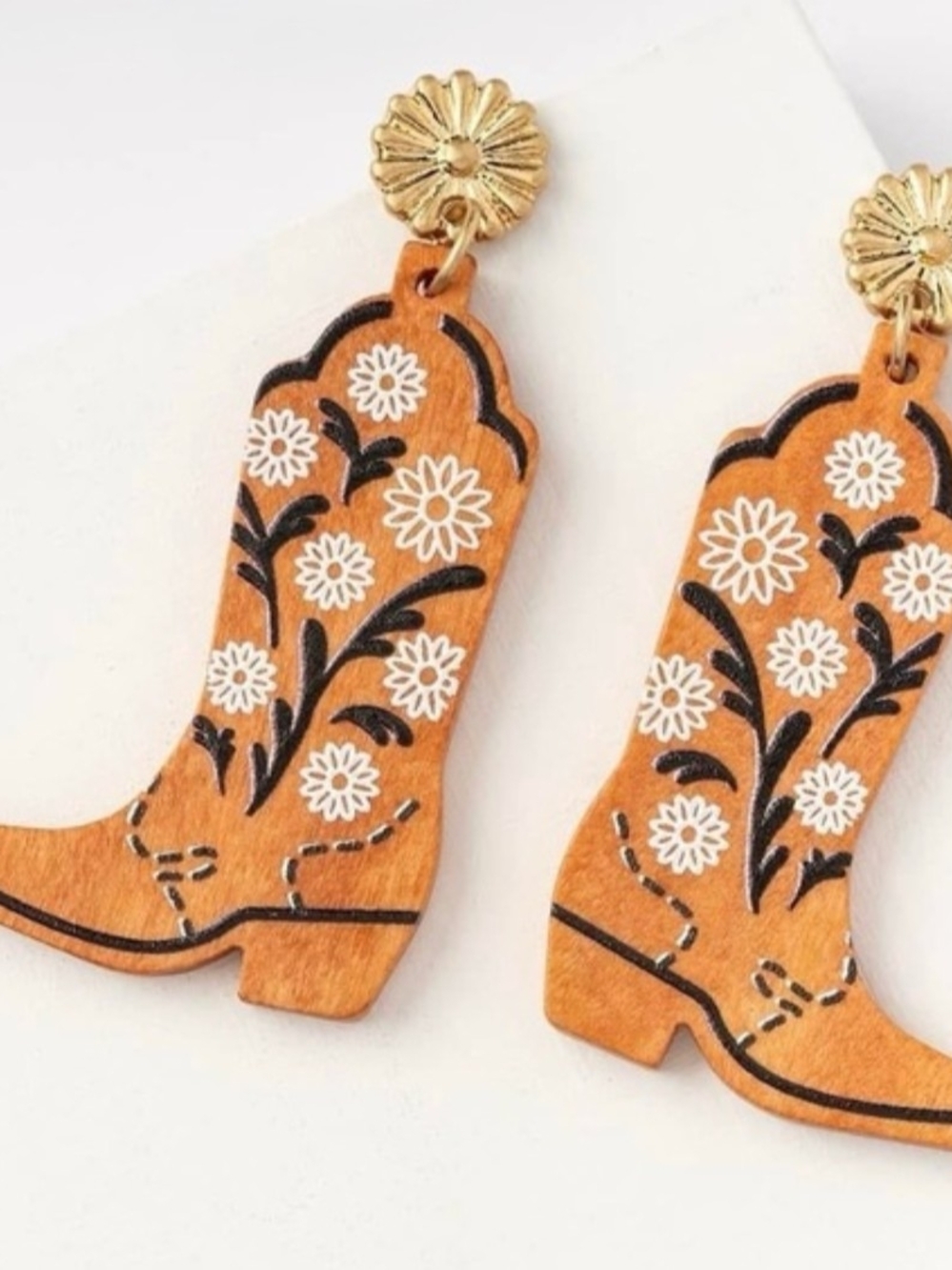 Plunder Orange Floral Cowboy Boot Drop Earrings with Gold Stud